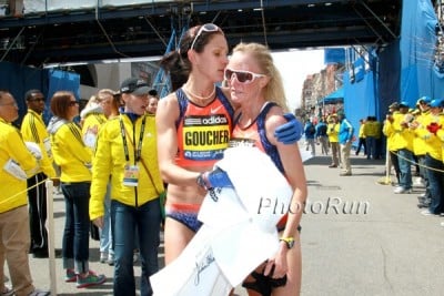 Goucher with Flanagan after the 2013 Boston Marathon
