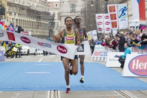 Zersenay Tadese of Eritrea edges compatriot Amanuel Mesel to win the 2013 Hervis Prague Half-Marathon in 1:00:10.  (photo courtesy of race)