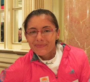 Yolanda Caballero speaks to the media prior to the 2013 Boston Marathon (photo by David Monti for Race Results Weekly)