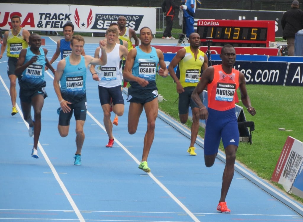 David Rudisha (right) just before crossing the finish line at the 2013 adidas Grand Prix. Seconds later, Erik Sowinski (4th from left) would fall and finish last (Photo by Jane Monti for Race Results Weekly)