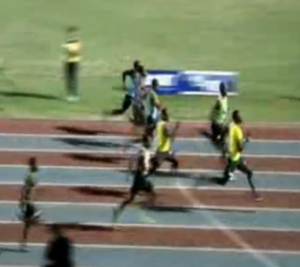 Usain Bolt (in green on right) is clearly behind just meters from the finish