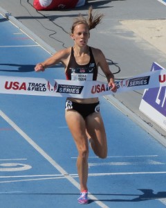 Nicole Bush winning the 2013 USA Outdoor Championships steeplechase title at Drake University in Des Moines (photo by David Monti for Race Results Weekly)