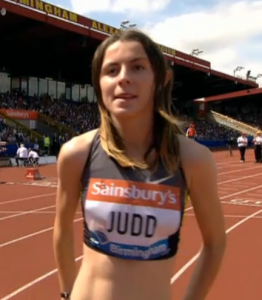 18-year old Jessia Judd just before she breaks 2:00 at the 2013 Sainsbury's Grand Prix.