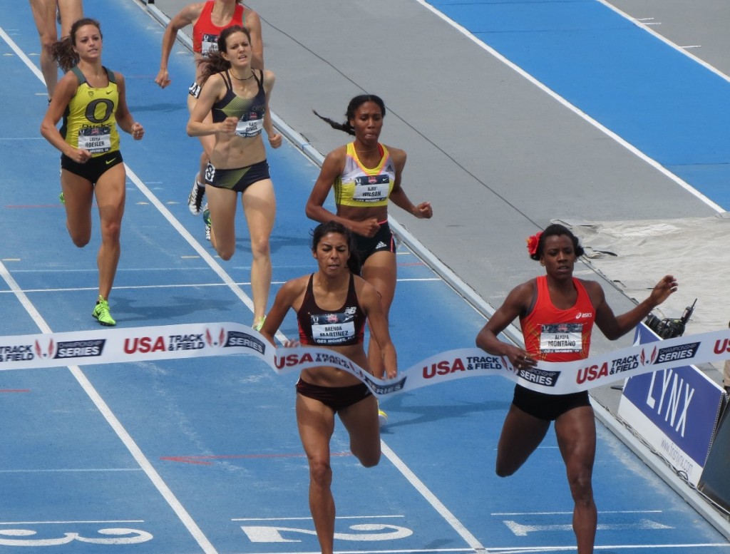 Alysia Montano (right) wins her fifth USA 800m title over Brenda Martinez at the 2013 USA Outdoor Track & Field Championships in Des Moines (photo by David Monti for Race Results Weekly)