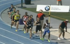 Symmonds was last 300 meters in, but would move up. Robby Andrews would not.