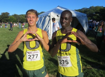 PHOTO: Jake Leingang (l) and Edward Cheserek celebrate after finishing second and first, respectively, at the Coast-to-Coast Battle in Beantown cross country meet in Boston's Franklin Park (photo by Chris Lotsbom for Race Results Weekly)