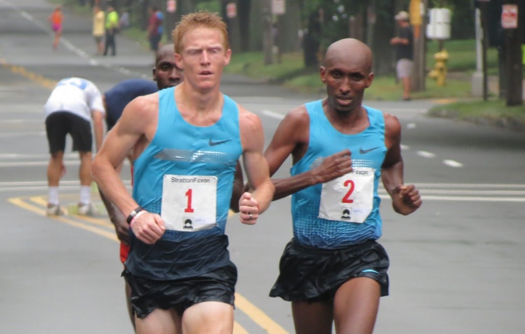 Matt Tegenkamp (l) and Abdi Abdirahman battle it out in the final 2 kilometers of the 2013 USA 20-K Championships at the Stratton Faxon New Haven Road Race; Shadrack Biwott is behind Tegenkamp (photo by David Monti for Race Results Weekly).