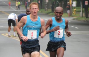  Matt Tegenkamp (l) and Abdi Abdirahman battle it out in the final 2 kilometers of the 2013 USA 20-K Championships at the Stratton Faxon New Haven Road Race; Shadrack Biwott is behind Tegenkamp (photo by David Monti for Race Results Weekly).