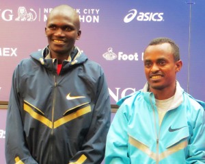  Stephen Kiprotich of Uganda (l) and Tsegaye Kebede of Ethiopia before the 2013 ING New York City Marathon (photo by Chris Lotsbom for Race Results Weekly)