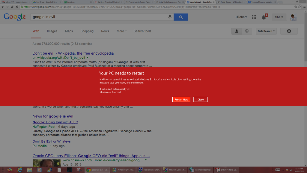 A mandatory re-start  is part of the Windows 8.1 upgrade process which can't be delayed. Somewhat ironically, my notice popped up when I was trying to find out if anyone was upset about google's change in privacty policies.
