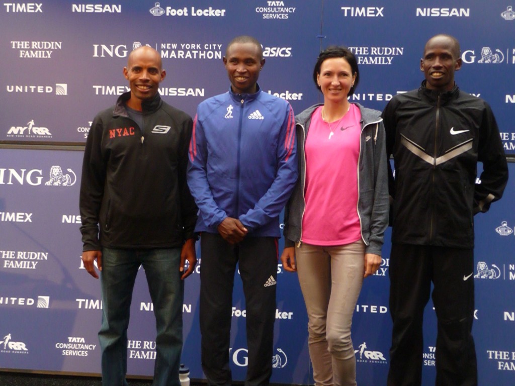 L to R: Meb Keflezighi, Geoffrey Mutai, Jelena Prokopcuka and Martin Lel on New York on Friday