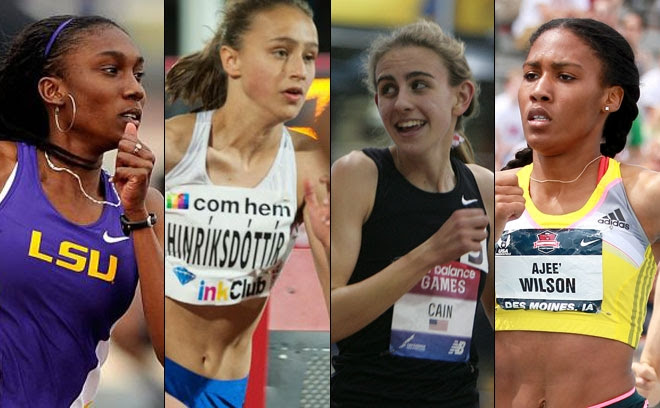 Left to right: Natoya Goule, Anita Hinriksdottir, Mary Cain and Ajee' Wilson. Credits: Steve Franz, LSU (Natoya Goule), Arni Torfason (Anita Hinriksdottir), John Nepolitan (Mary Cain), Photo Run for adidas (Ajee' Wilson)