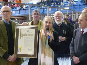 Manhattan Borough President Gale Brewer presents Armory Foundation President Dr. Nobert Sander (far right) and The Armory an ``Armory Appreciation Day'' Proclamation. Also on hand from left to right are Armory Foundation Chairman of the Board Mike Frankfurt, longtime track & field announcer Ian Brooks and veteran track & field reporter Walt Murphy.