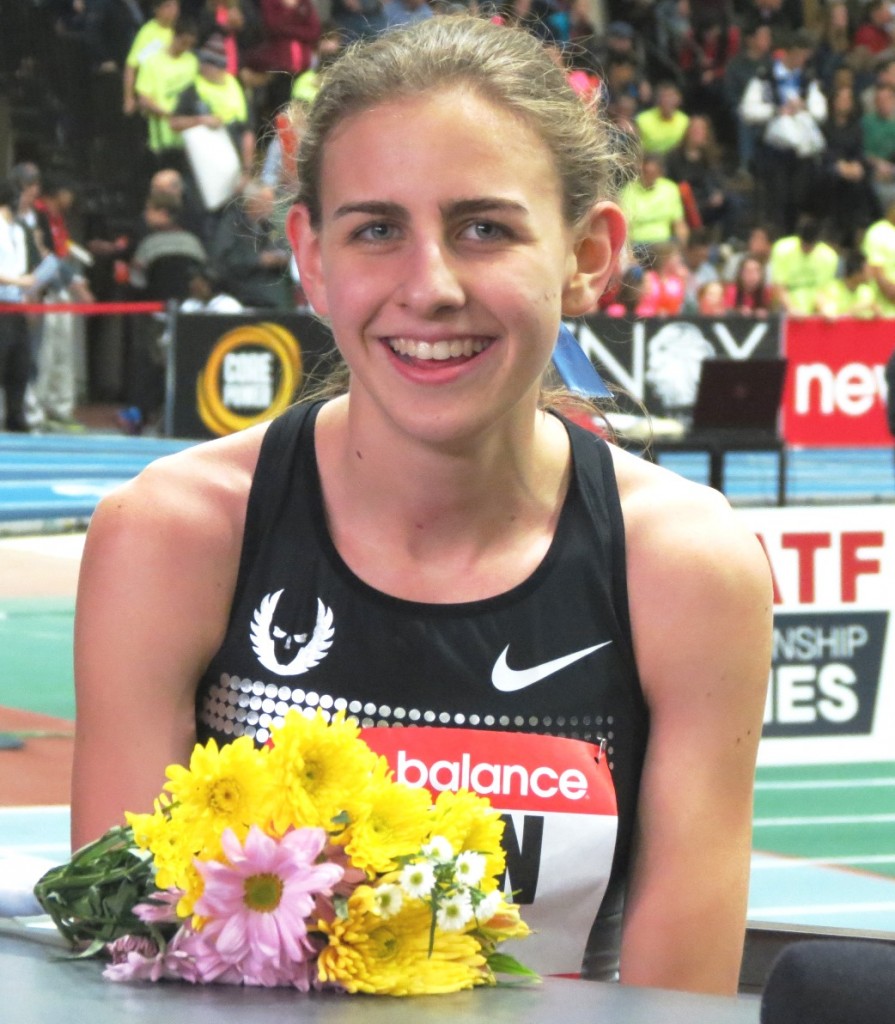 Mary Cain after setting a world junior indoor 1000m best of 2:35.80 at the 2014 New Balance Indoor Grand Prix in Boston (photo by Jane Monti for Race Results Weekly)