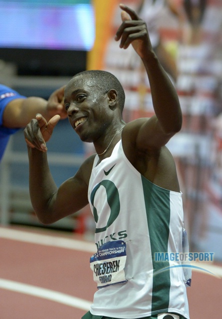 Edward Cheserek Celebrates at 2014 NCAAs (photo by Kirby Lee)