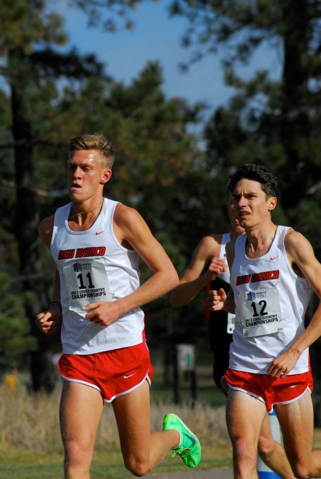 Adam Bitchell (left) leading Luke Caldwell (right) at the 2013 Mountain West Cross-Country Championships