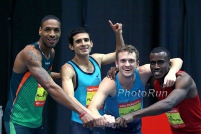 Torrence (second from left) after breaking the indoor 4x800 world record in 2014