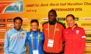 Eritrea's Zersenay Tadese, Italy's Valeria Straneo, Kenya's Wilson Kiprop and Denmark's Jessica Petersson in advance of the 2014 IAAF World Half-Marathon Championships in Copenhagen (photo by David Monti for Race Results Weekly)