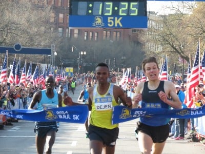 Ethiopia's Dejen Gebremeskel breaks to the tap to win the 2014 B.A.A. 5-K in an event record 13:26, just beating Kenya's Stephen Sambu (l) and American Ben True (r). (photo by Jane Monti for Race Results Weekly)