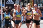 Morgan Uceny on her way to victory in the 2014 B.A.A. Invitational Mile against (left to right) Violah Lagat, Chelsea Reilly, Heather Kampf and Laura Crowe (photo by Jane Monti for Race Results Weekly) (click for gallery)