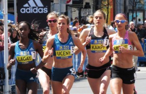 Morgan Uceny on her way to victory in the 2014 B.A.A. Invitational Mile against (left to right) Violah Lagat, Chelsea Reilly, Heather Kampf and Laura Crowe (photo by Jane Monti for Race Results Weekly)