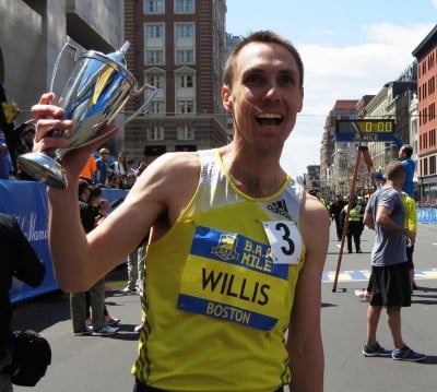 Nick Willis shows of his trophy after winning the 2014 B.A.A. Invitational Mile (photo by Jane Monti for Race Results Weekly)