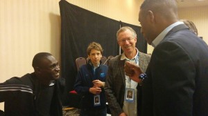 David Rudisha having a laugh with Lewis Johnson and Craig Masback