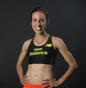 Abbey D'Agostino models her New Balance uniform which she will first wear in competition at the USA Outdoor Track & Field Championships in Sacramento, Calif., on June 27 (photo courtesy of New Balance)