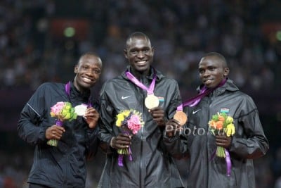 Amos, Rudisha and Kenya's Timothy Kitum were all smiles on the podium in London two years ago