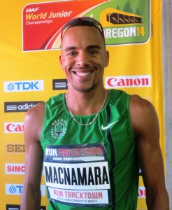 Jordan McNamara after winning the 2014 Run TrackTown High Performance 1500 (photo by Chris Lotsbom for Race Results Weekly). Singlet is misspelled.