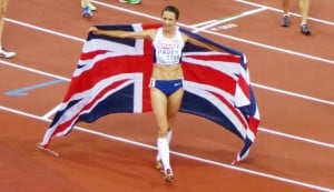 Great Britain's Jo Pavey celebrates after winning the 10,000m title at the 2014 European Championships in Zürich (photo by Jane Monti for Race Results Weekly)