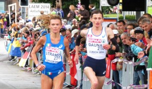 Valeria Straneo of Italy and Christelle Daunay of France begin the final 10-kilometer lap of the 2014 European Championships Marathon in Zurich (photo by Jane Monti for Race Results Weekly)