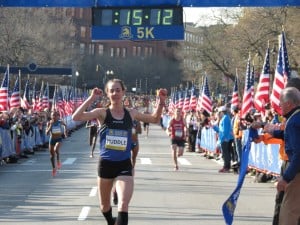 Molly Huddle winning the B.A.A. 5-K last April in a personal best 15:12 (photo by Jane Monti for Race Results Weekly)