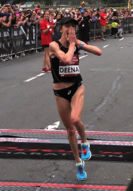 Deena Kastor is overwhelmed with emotion after breaking the world half-marathon masters record at the 2014 Rock 'n' Roll Philadelphia Half-Marathon; she clocked 1:09:35 (photo by David Monti for Race Results Weekly).