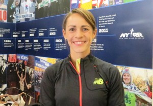 PHOTO: Jenny Simpson at the historic headquarters of the New York Road Runners at 9 East 89th Street in advance of the 2014 Fifth Avenue Mile (photo by Chris Lotsbom for Race Results Weekly)