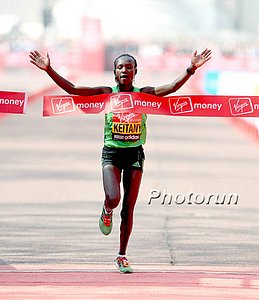 Keitany celebrates the first of her two London Marathon titles in 2011