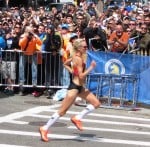 Shalane Flanagan finishing the 2014 Boston Marathon in 2:22:02, the fastest time ever by an American woman at Boston (photo by Jane Monti for Race Results Weekly) 