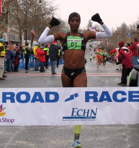 Diane Nukuri wins the 2014 Manchester Road Race (photo by Jane Monti for Race Results Weekly) 