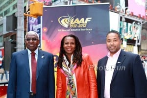 Stephanie Hightower with IAAF head Lamine Diack and USATF CEO Max Siegel in NYC in 2012