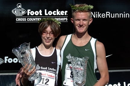 Kenny Cormier and Aislinn Ryan celebrating their 2004 Foot Locker wins. Photo by Trackandfieldphoto.com.