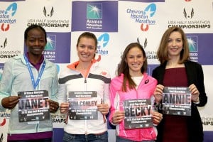 Janet Bawcom, Kim Conley, Becky Wade, and Annie Bersagel at Pre Race Presser