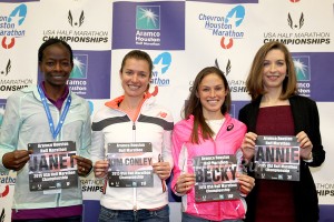 Janet Bawcom, Kim Conley, Becky Wade, and Annie Bersagel at Pre Race Presser