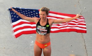  PHOTO: Kim Conley celebrates her 2015 USA Half-Marathon title in Houston after running a personal best 1:09:44 (photo by David Monti for Race Results Weekly)