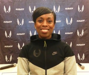 PHOTO: Four-time USA 1500m champion Treniere Moser at a press conference in advance of the 2015 USA Indoor Championships in Boston (photo by Chris Lotsbom for Race Results Weekly)