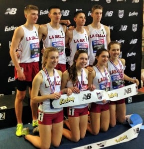 Providence, R.I.'s La Salle Academy celebrate their sweep of the 4xMile relay titles at New Balance Nationals Indoor 2015. From left to right, lining up on the top row are Daniel Paiva, Matthew Bouthilette, David Principe, and Jack Salisbury. On the bottom row, left to right, are Audrey O'Neil, Eliza Rego, Karina Tavares, Sheridan Wilbur.