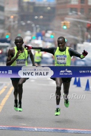 Sambu (left) just missed out to training partner Leonard Korir at the NYC Half in March