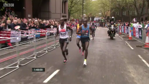 The WR holder Kimetto fell back momentarily in mile 23 and for good in mile 24