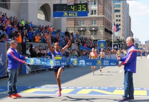 Dawit Sayaum winning the 2015 BAA Invitational Mile in a course record 4:35.4 (photo by Jane Monti for Race Results Weekly).