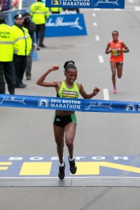 Caroline Rotich wins the 2015 Boston Marathon. Photo by Vicath Sailer.