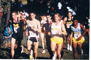 Ryan Bolton (Wyoming) with at least three other Olympians (Kevin Sullivan (Michigan), Meb Keflezighi (UCLA), Adam Goucher (Colorado)) at the 1995 NCAA xc meet. Photo courtesy of Ryan Bolton.